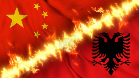 Foto de Ilustración de una bandera ondeante de China y Albania separadas por una línea de fuego. Banderas cruzadas: representación de relaciones tensas, conflictos y rivalidad entre los dos países - Imagen libre de derechos