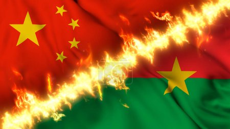 Foto de Ilustración de una bandera ondeante de China y Burkina Faso separadas por una línea de fuego. Banderas cruzadas: representación de relaciones tensas, conflictos y rivalidad entre los dos países - Imagen libre de derechos