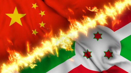 Foto de Ilustración de una bandera ondeante de China y Burundi separadas por una línea de fuego. Banderas cruzadas: representación de relaciones tensas, conflictos y rivalidad entre los dos países - Imagen libre de derechos