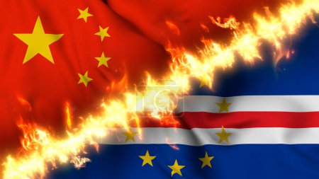 Photo for Illustration of a waving flag of China and Cape Verde separated by a line of fire. Crossed flags: depiction of strained relations, conflicts and rivalry between the two countries - Royalty Free Image