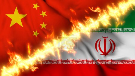 Photo for Illustration of a waving flag of China and Iran separated by a line of fire. Crossed flags: depiction of strained relations, conflicts and rivalry between the two countries - Royalty Free Image