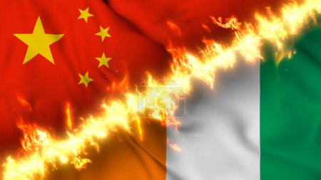 Foto de Ilustración de una bandera ondeante de China y Costa de Marfil separadas por una línea de fuego. Banderas cruzadas: representación de relaciones tensas, conflictos y rivalidad entre los dos países - Imagen libre de derechos