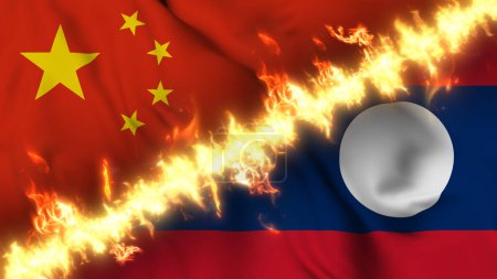 Photo for Illustration of a waving flag of China and Laos separated by a line of fire. Crossed flags: depiction of strained relations, conflicts and rivalry between the two countries - Royalty Free Image