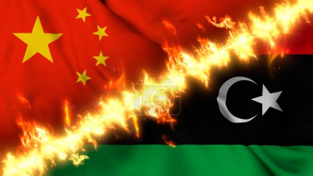 Photo for Illustration of a waving flag of China and Libya separated by a line of fire. Crossed flags: depiction of strained relations, conflicts and rivalry between the two countries - Royalty Free Image