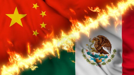 Illustration of a waving flag of China and Mexico separated by a line of fire. Crossed flags: depiction of strained relations, conflicts and rivalry between the two countries