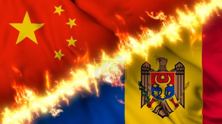 Photo for Illustration of a waving flag of China and Moldova separated by a line of fire. Crossed flags: depiction of strained relations, conflicts and rivalry between the two countries - Royalty Free Image