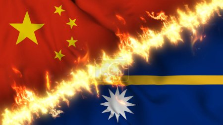 Photo for Illustration of a waving flag of China and Nauru separated by a line of fire. Crossed flags: depiction of strained relations, conflicts and rivalry between the two countries - Royalty Free Image