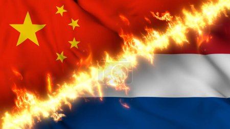 Illustration of a waving flag of China and Netherlands separated by a line of fire. Crossed flags: depiction of strained relations, conflicts and rivalry between the two countries