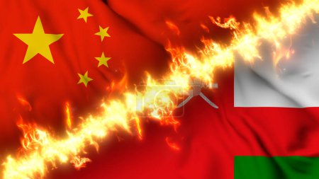 Foto de Ilustración de una bandera ondeante de China y Omán separadas por una línea de fuego. Banderas cruzadas: representación de relaciones tensas, conflictos y rivalidad entre los dos países - Imagen libre de derechos