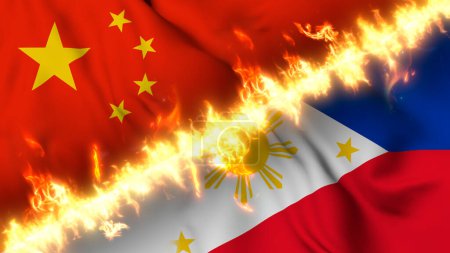 Illustration of a waving flag of China and Philippines separated by a line of fire. Crossed flags: depiction of strained relations, conflicts and rivalry between the two countries