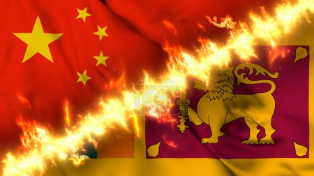 Photo for Illustration of a waving flag of China and Sri Lanka separated by a line of fire. Crossed flags: depiction of strained relations, conflicts and rivalry between the two countries - Royalty Free Image