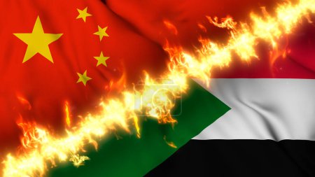 Photo for Illustration of a waving flag of China and Sudan separated by a line of fire. Crossed flags: depiction of strained relations, conflicts and rivalry between the two countries - Royalty Free Image