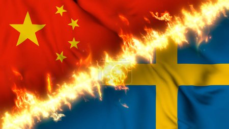 Foto de Ilustración de una bandera ondeante de China y Suecia separadas por una línea de fuego. Banderas cruzadas: representación de relaciones tensas, conflictos y rivalidad entre los dos países - Imagen libre de derechos