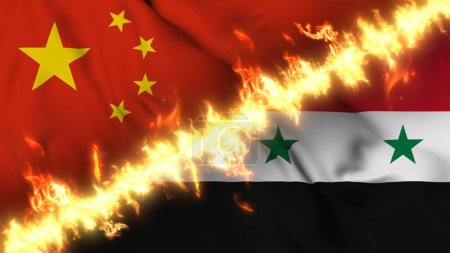Foto de Ilustración de una bandera ondeante de China y Siria separadas por una línea de fuego. Banderas cruzadas: representación de relaciones tensas, conflictos y rivalidad entre los dos países - Imagen libre de derechos