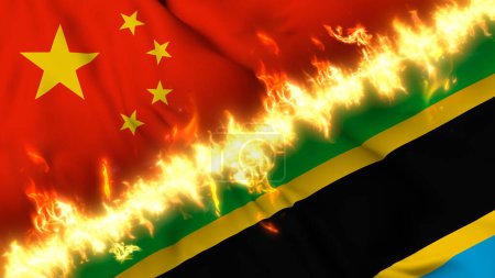 Photo for Illustration of a waving flag of China and Tanzania separated by a line of fire. Crossed flags: depiction of strained relations, conflicts and rivalry between the two countries - Royalty Free Image