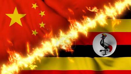 Photo for Illustration of a waving flag of China and Uganda separated by a line of fire. Crossed flags: depiction of strained relations, conflicts and rivalry between the two countries - Royalty Free Image