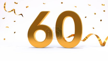 Happy 60 birthday party celebration. Gold numbers with glitter gold confetti, serpentine. Festive background. Decoration for party event. One year jubilee celebration. 3d render illustration