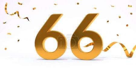 Photo for Happy 66 birthday party celebration. Gold numbers with glitter gold confetti, serpentine. Festive background. Decoration for party event. One year jubilee celebration. 3d render illustration - Royalty Free Image