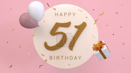 Elegant Greeting celebration 51 years birthday. Happy birthday, congratulations poster. Golden numbers with sparkling golden confetti and balloons. 3d render illustration