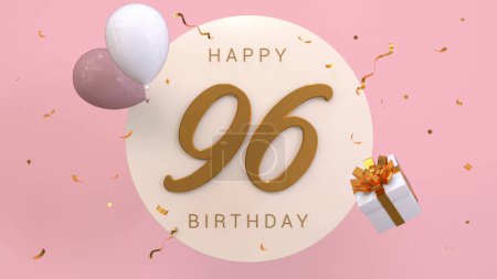 Foto de Celebración del saludo elegante 96 años cumpleaños. Feliz cumpleaños, póster de felicitaciones. Números dorados con brillantes confeti dorado y globos. ilustración de renderizado 3d - Imagen libre de derechos