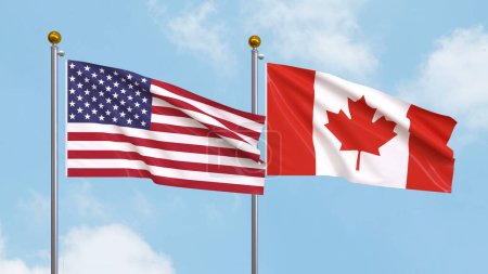 Fahnenschwenken der Vereinigten Staaten von Amerika und Kanada am Himmel. Illustration der internationalen Diplomatie, Freundschaft und Partnerschaft mit wehenden Fahnen gegen den Himmel. 3D-Illustration