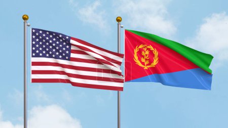 Foto de Ondeando banderas de los Estados Unidos de América y Eritrea en el fondo del cielo. Ilustrando la diplomacia internacional, la amistad y la asociación con banderas ondeantes contra el cielo. Ilustración 3D - Imagen libre de derechos