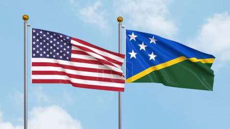 Foto de Banderas de los Estados Unidos de América y las Islas Salomón en el fondo del cielo. Ilustrando la diplomacia internacional, la amistad y la asociación con banderas ondeantes contra el cielo. Ilustración 3D - Imagen libre de derechos