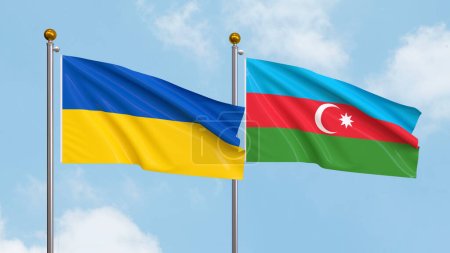 ondeando banderas de Ucrania y Azerbaiyán en el fondo del cielo. Ilustrando la diplomacia internacional, la amistad y la asociación con banderas ondeantes contra el cielo. Ilustración 3D