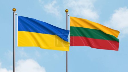 ondeando banderas de Ucrania y Lituania en el fondo del cielo. Ilustrando la diplomacia internacional, la amistad y la asociación con banderas ondeantes contra el cielo. Ilustración 3D