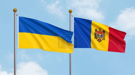Fahnenschwenken der Ukraine und Moldawiens am Himmel. Illustration der internationalen Diplomatie, Freundschaft und Partnerschaft mit wehenden Fahnen gegen den Himmel. 3D-Illustration