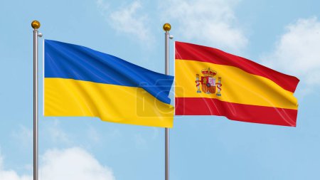 Waving flags of Ukraine and Spain on sky background. Illustrating International Diplomacy, Friendship and Partnership with Soaring Flags against the Sky. 3D illustration