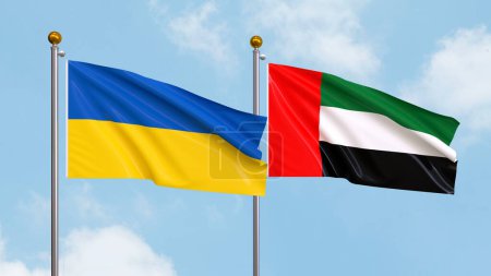 Fahnenschwenken der Ukraine und der Vereinigten Arabischen Emirate am Himmel. Illustration der internationalen Diplomatie, Freundschaft und Partnerschaft mit wehenden Fahnen gegen den Himmel. 3D-Illustration