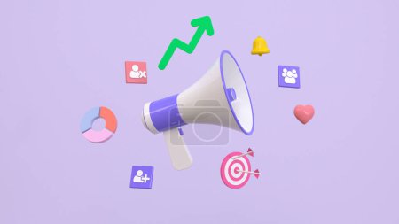 3D Megaphone with icons and bell notification. News and loudspeaker. Social media promotion and announce. Marketing concept. Creative design banner on purple background. 3D Rendering