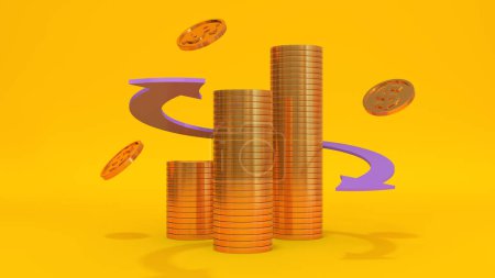 3d cashback concept. Stacks of golden coins with arrows and flying coins around on a yellow background. 3d render