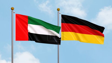 Photo for Waving flags of United Arab Emirates and Germany on sky background. Illustrating International Diplomacy, Friendship and Partnership with Soaring Flags against the Sky. 3D illustration - Royalty Free Image