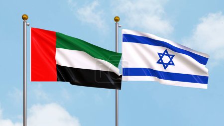 Waving flags of United Arab Emirates and Israel on sky background. Illustrating International Diplomacy, Friendship and Partnership with Soaring Flags against the Sky. 3D illustration