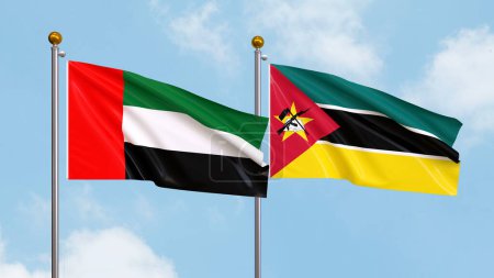 ondeando banderas de los Emiratos Árabes Unidos y Mozambique sobre el fondo del cielo. Ilustrando la diplomacia internacional, la amistad y la asociación con banderas ondeantes contra el cielo. Ilustración 3D