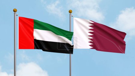 Photo for Waving flags of United Arab Emirates and Qatar on sky background. Illustrating International Diplomacy, Friendship and Partnership with Soaring Flags against the Sky. 3D illustration - Royalty Free Image