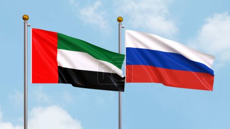 Waving flags of United Arab Emirates and Russia on sky background. Illustrating International Diplomacy, Friendship and Partnership with Soaring Flags against the Sky. 3D illustration