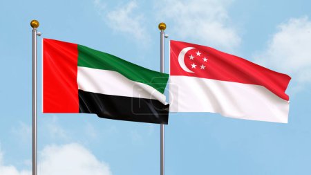 Foto de Ondeando banderas de los Emiratos Árabes Unidos y Singapur sobre el fondo del cielo. Ilustrando la diplomacia internacional, la amistad y la asociación con banderas ondeantes contra el cielo. Ilustración 3D - Imagen libre de derechos