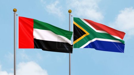 Waving flags of United Arab Emirates and South Africa on sky background. Illustrating International Diplomacy, Friendship and Partnership with Soaring Flags against the Sky. 3D illustration