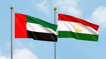 Waving flags of United Arab Emirates and Tajikistan on sky background. Illustrating International Diplomacy, Friendship and Partnership with Soaring Flags against the Sky. 3D illustration