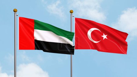 Waving flags of United Arab Emirates and Turkey on sky background. Illustrating International Diplomacy, Friendship and Partnership with Soaring Flags against the Sky. 3D illustration
