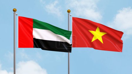 Waving flags of United Arab Emirates and Vietnam on sky background. Illustrating International Diplomacy, Friendship and Partnership with Soaring Flags against the Sky. 3D illustration