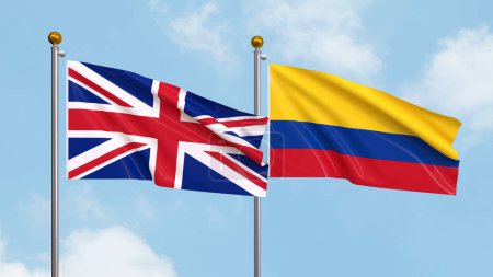 Photo for Waving flags of United Kingdom and Colombia on sky background. Illustrating International Diplomacy, Friendship and Partnership with Soaring Flags against the Sky. 3D illustration - Royalty Free Image