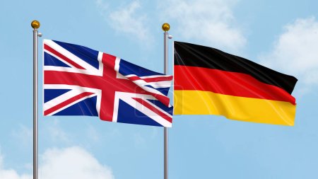 Flaggen des Vereinigten Königreichs und Deutschlands wehen am Himmel. Illustration der internationalen Diplomatie, Freundschaft und Partnerschaft mit wehenden Fahnen gegen den Himmel. 3D-Illustration