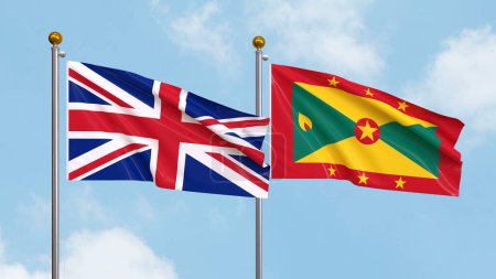 Photo for Waving flags of United Kingdom and Grenada on sky background. Illustrating International Diplomacy, Friendship and Partnership with Soaring Flags against the Sky. 3D illustration - Royalty Free Image