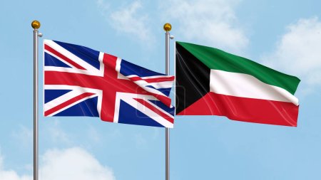 Flaggen des Vereinigten Königreichs und Kuwaits wehen am Himmel. Illustration der internationalen Diplomatie, Freundschaft und Partnerschaft mit wehenden Fahnen gegen den Himmel. 3D-Illustration