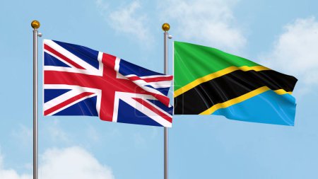 Photo for Waving flags of United Kingdom and Tanzania on sky background. Illustrating International Diplomacy, Friendship and Partnership with Soaring Flags against the Sky. 3D illustration - Royalty Free Image