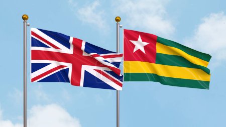Téléchargez les photos : Drapeaux agitant du Royaume-Uni et du Togo sur fond de ciel. Illustration de la diplomatie internationale, de l'amitié et du partenariat avec Flying Flags against the Sky. Illustration 3D - en image libre de droit